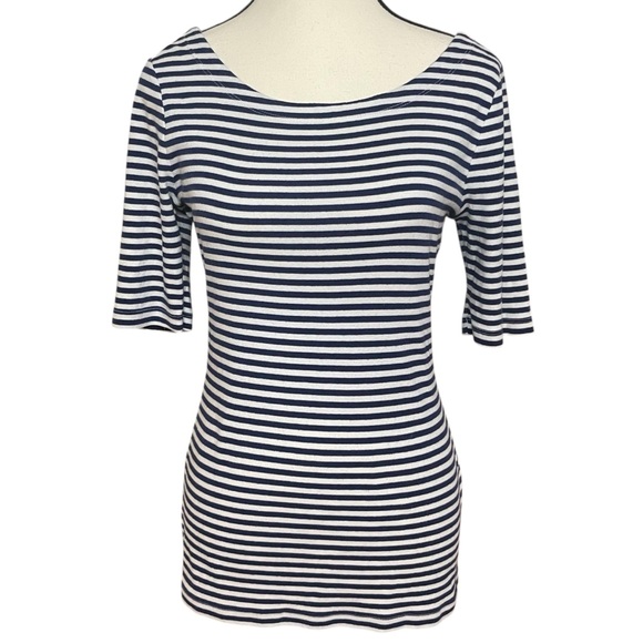 Banana Republic Blue and White Striped Fitted 3/4 Sleeve Tee - Picture 1 of 8